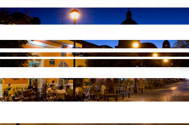 Nicaragua / Granada / Calle Calzada / Hotels / Restaurants / Tourists / Cathedral of Granada / Dusk